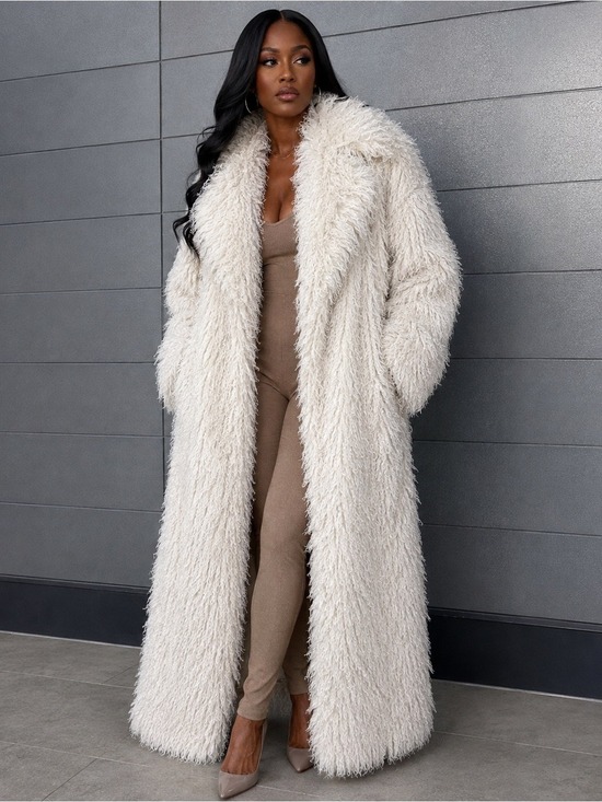 Glitz Jackets & Blazers - Cream Luxe Shaggy Long Coat